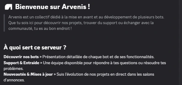 Message de bienvenue du serveur Discord Arvenis